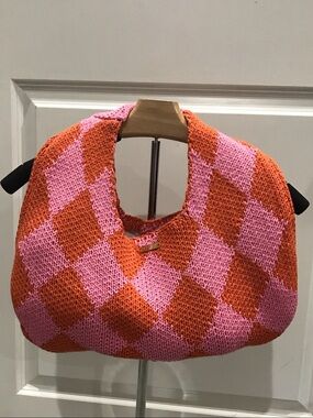 Kopari Pink and Orange Checker Knit Shoulder Bag
